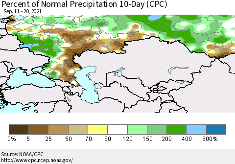 Russian Federation Percent of Normal Precipitation 10-Day (CPC) Thematic Map For 9/11/2021 - 9/20/2021
