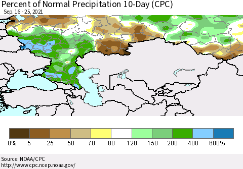 Russian Federation Percent of Normal Precipitation 10-Day (CPC) Thematic Map For 9/16/2021 - 9/25/2021