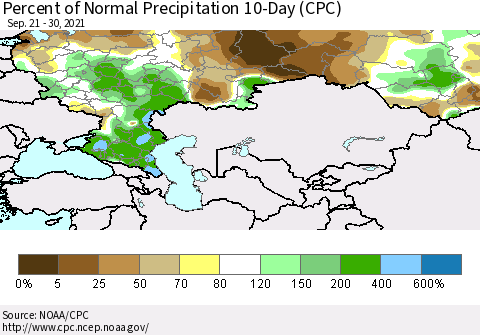 Russian Federation Percent of Normal Precipitation 10-Day (CPC) Thematic Map For 9/21/2021 - 9/30/2021