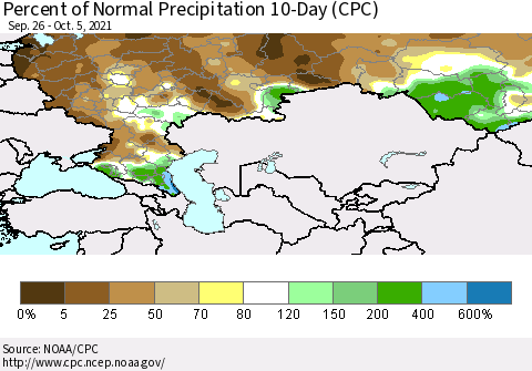Russian Federation Percent of Normal Precipitation 10-Day (CPC) Thematic Map For 9/26/2021 - 10/5/2021