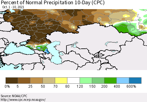 Russian Federation Percent of Normal Precipitation 10-Day (CPC) Thematic Map For 10/1/2021 - 10/10/2021