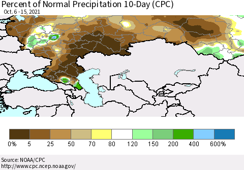 Russian Federation Percent of Normal Precipitation 10-Day (CPC) Thematic Map For 10/6/2021 - 10/15/2021