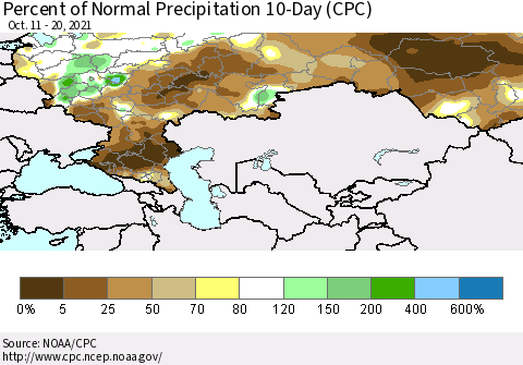 Russian Federation Percent of Normal Precipitation 10-Day (CPC) Thematic Map For 10/11/2021 - 10/20/2021