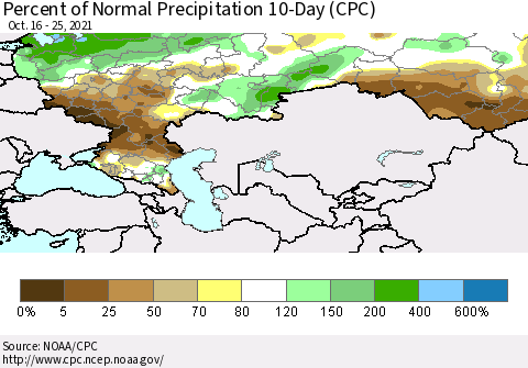 Russian Federation Percent of Normal Precipitation 10-Day (CPC) Thematic Map For 10/16/2021 - 10/25/2021