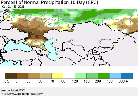 Russian Federation Percent of Normal Precipitation 10-Day (CPC) Thematic Map For 10/21/2021 - 10/31/2021