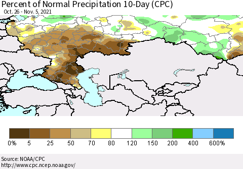 Russian Federation Percent of Normal Precipitation 10-Day (CPC) Thematic Map For 10/26/2021 - 11/5/2021