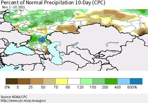 Russian Federation Percent of Normal Precipitation 10-Day (CPC) Thematic Map For 11/1/2021 - 11/10/2021