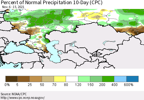 Russian Federation Percent of Normal Precipitation 10-Day (CPC) Thematic Map For 11/6/2021 - 11/15/2021