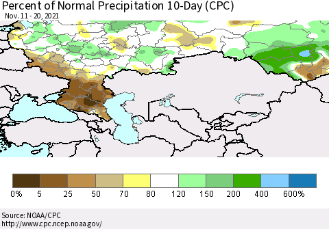 Russian Federation Percent of Normal Precipitation 10-Day (CPC) Thematic Map For 11/11/2021 - 11/20/2021