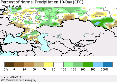 Russian Federation Percent of Normal Precipitation 10-Day (CPC) Thematic Map For 11/16/2021 - 11/25/2021