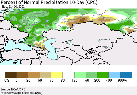 Russian Federation Percent of Normal Precipitation 10-Day (CPC) Thematic Map For 11/21/2021 - 11/30/2021
