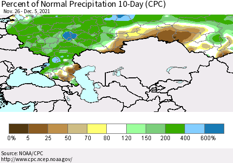 Russian Federation Percent of Normal Precipitation 10-Day (CPC) Thematic Map For 11/26/2021 - 12/5/2021