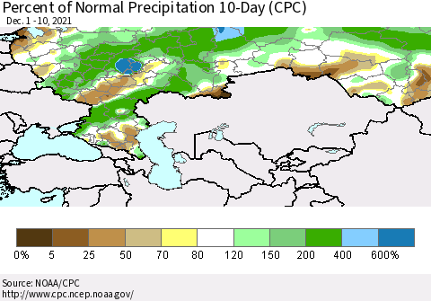 Russian Federation Percent of Normal Precipitation 10-Day (CPC) Thematic Map For 12/1/2021 - 12/10/2021