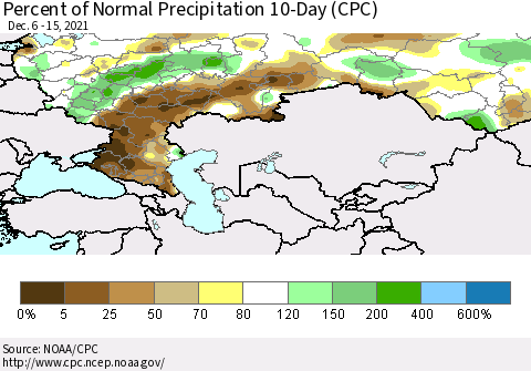 Russian Federation Percent of Normal Precipitation 10-Day (CPC) Thematic Map For 12/6/2021 - 12/15/2021
