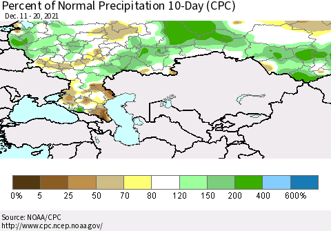 Russian Federation Percent of Normal Precipitation 10-Day (CPC) Thematic Map For 12/11/2021 - 12/20/2021