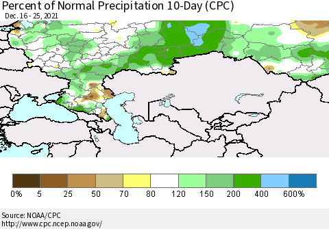 Russian Federation Percent of Normal Precipitation 10-Day (CPC) Thematic Map For 12/16/2021 - 12/25/2021