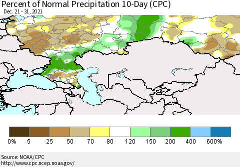 Russian Federation Percent of Normal Precipitation 10-Day (CPC) Thematic Map For 12/21/2021 - 12/31/2021