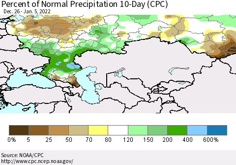 Russian Federation Percent of Normal Precipitation 10-Day (CPC) Thematic Map For 12/26/2021 - 1/5/2022