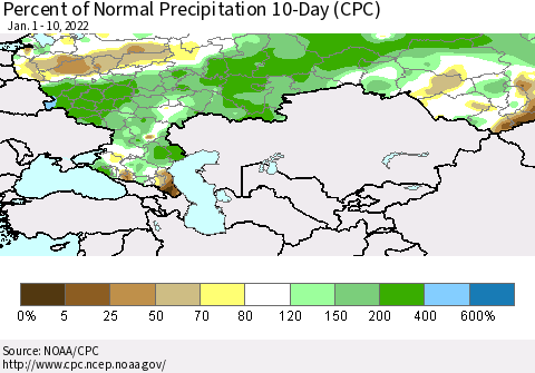 Russian Federation Percent of Normal Precipitation 10-Day (CPC) Thematic Map For 1/1/2022 - 1/10/2022