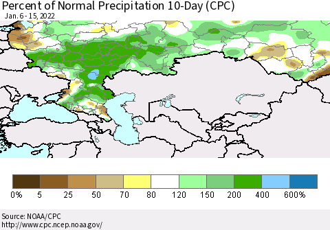 Russian Federation Percent of Normal Precipitation 10-Day (CPC) Thematic Map For 1/6/2022 - 1/15/2022