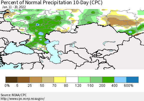 Russian Federation Percent of Normal Precipitation 10-Day (CPC) Thematic Map For 1/11/2022 - 1/20/2022
