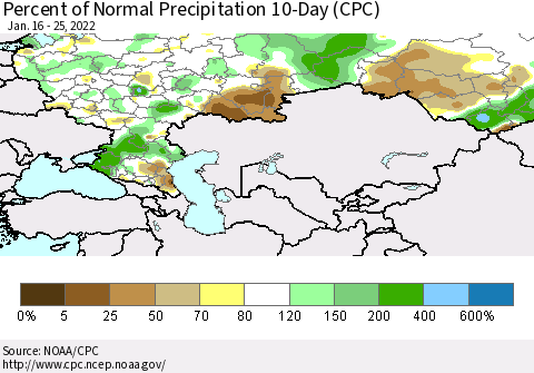 Russian Federation Percent of Normal Precipitation 10-Day (CPC) Thematic Map For 1/16/2022 - 1/25/2022