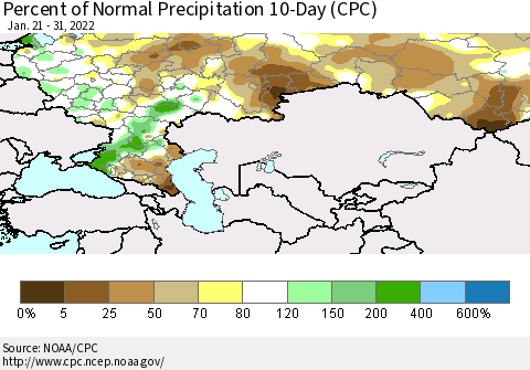 Russian Federation Percent of Normal Precipitation 10-Day (CPC) Thematic Map For 1/21/2022 - 1/31/2022