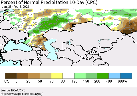 Russian Federation Percent of Normal Precipitation 10-Day (CPC) Thematic Map For 1/26/2022 - 2/5/2022
