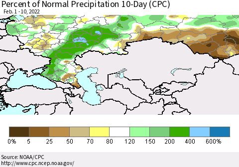 Russian Federation Percent of Normal Precipitation 10-Day (CPC) Thematic Map For 2/1/2022 - 2/10/2022