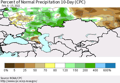 Russian Federation Percent of Normal Precipitation 10-Day (CPC) Thematic Map For 2/6/2022 - 2/15/2022
