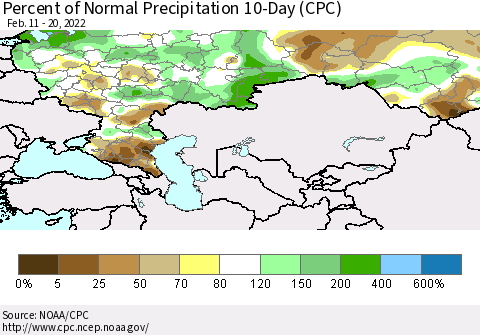 Russian Federation Percent of Normal Precipitation 10-Day (CPC) Thematic Map For 2/11/2022 - 2/20/2022