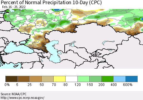 Russian Federation Percent of Normal Precipitation 10-Day (CPC) Thematic Map For 2/16/2022 - 2/25/2022