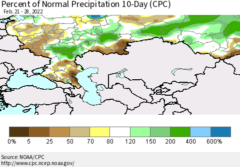 Russian Federation Percent of Normal Precipitation 10-Day (CPC) Thematic Map For 2/21/2022 - 2/28/2022