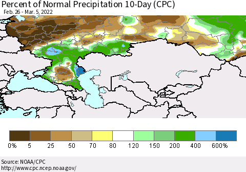 Russian Federation Percent of Normal Precipitation 10-Day (CPC) Thematic Map For 2/26/2022 - 3/5/2022