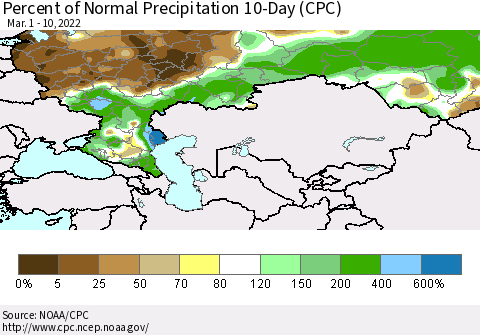 Russian Federation Percent of Normal Precipitation 10-Day (CPC) Thematic Map For 3/1/2022 - 3/10/2022