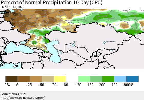Russian Federation Percent of Normal Precipitation 10-Day (CPC) Thematic Map For 3/6/2022 - 3/15/2022