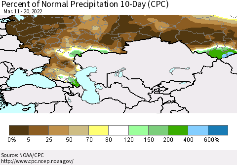 Russian Federation Percent of Normal Precipitation 10-Day (CPC) Thematic Map For 3/11/2022 - 3/20/2022