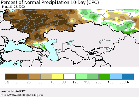 Russian Federation Percent of Normal Precipitation 10-Day (CPC) Thematic Map For 3/16/2022 - 3/25/2022