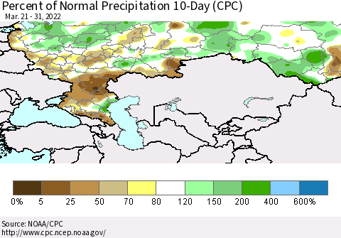 Russian Federation Percent of Normal Precipitation 10-Day (CPC) Thematic Map For 3/21/2022 - 3/31/2022