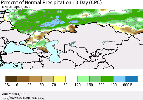 Russian Federation Percent of Normal Precipitation 10-Day (CPC) Thematic Map For 3/26/2022 - 4/5/2022
