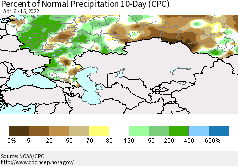Russian Federation Percent of Normal Precipitation 10-Day (CPC) Thematic Map For 4/6/2022 - 4/15/2022