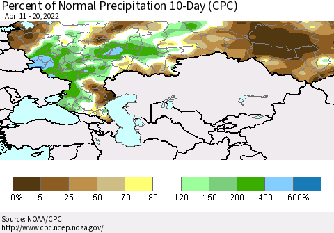 Russian Federation Percent of Normal Precipitation 10-Day (CPC) Thematic Map For 4/11/2022 - 4/20/2022