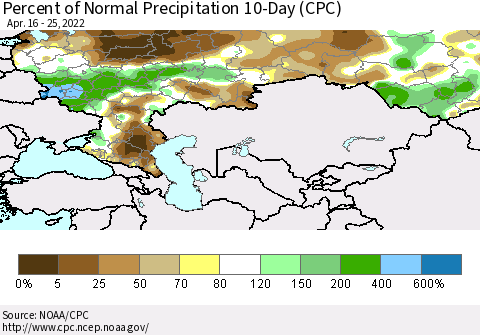 Russian Federation Percent of Normal Precipitation 10-Day (CPC) Thematic Map For 4/16/2022 - 4/25/2022