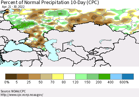 Russian Federation Percent of Normal Precipitation 10-Day (CPC) Thematic Map For 4/21/2022 - 4/30/2022