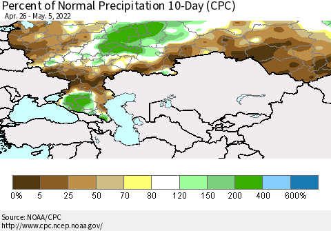 Russian Federation Percent of Normal Precipitation 10-Day (CPC) Thematic Map For 4/26/2022 - 5/5/2022
