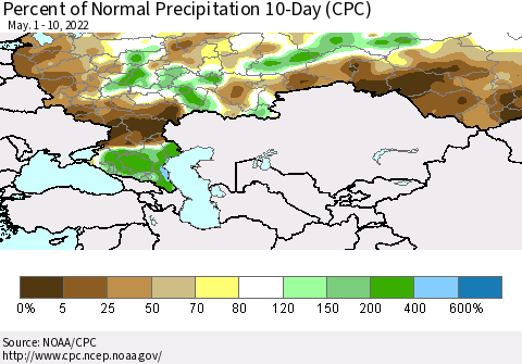 Russian Federation Percent of Normal Precipitation 10-Day (CPC) Thematic Map For 5/1/2022 - 5/10/2022