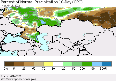 Russian Federation Percent of Normal Precipitation 10-Day (CPC) Thematic Map For 5/6/2022 - 5/15/2022