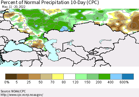 Russian Federation Percent of Normal Precipitation 10-Day (CPC) Thematic Map For 5/11/2022 - 5/20/2022