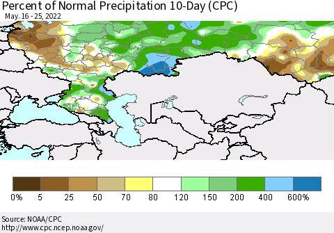 Russian Federation Percent of Normal Precipitation 10-Day (CPC) Thematic Map For 5/16/2022 - 5/25/2022