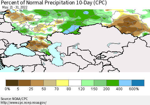 Russian Federation Percent of Normal Precipitation 10-Day (CPC) Thematic Map For 5/21/2022 - 5/31/2022